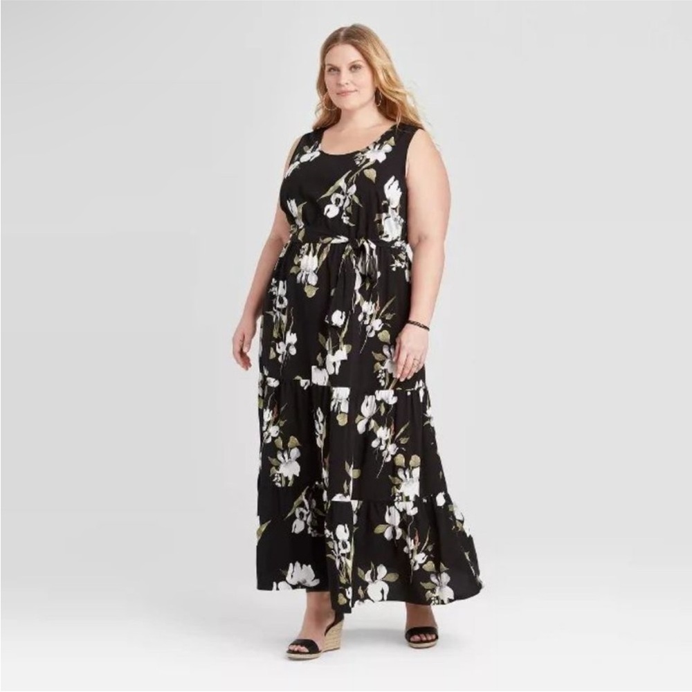 ✨ava & viv black floral sleeveless tiered tie waist maxi dress✨